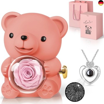 Ewige Rose Bär Geschenkbox mit I Love You Halskette, Konservierte Rose Blumen 