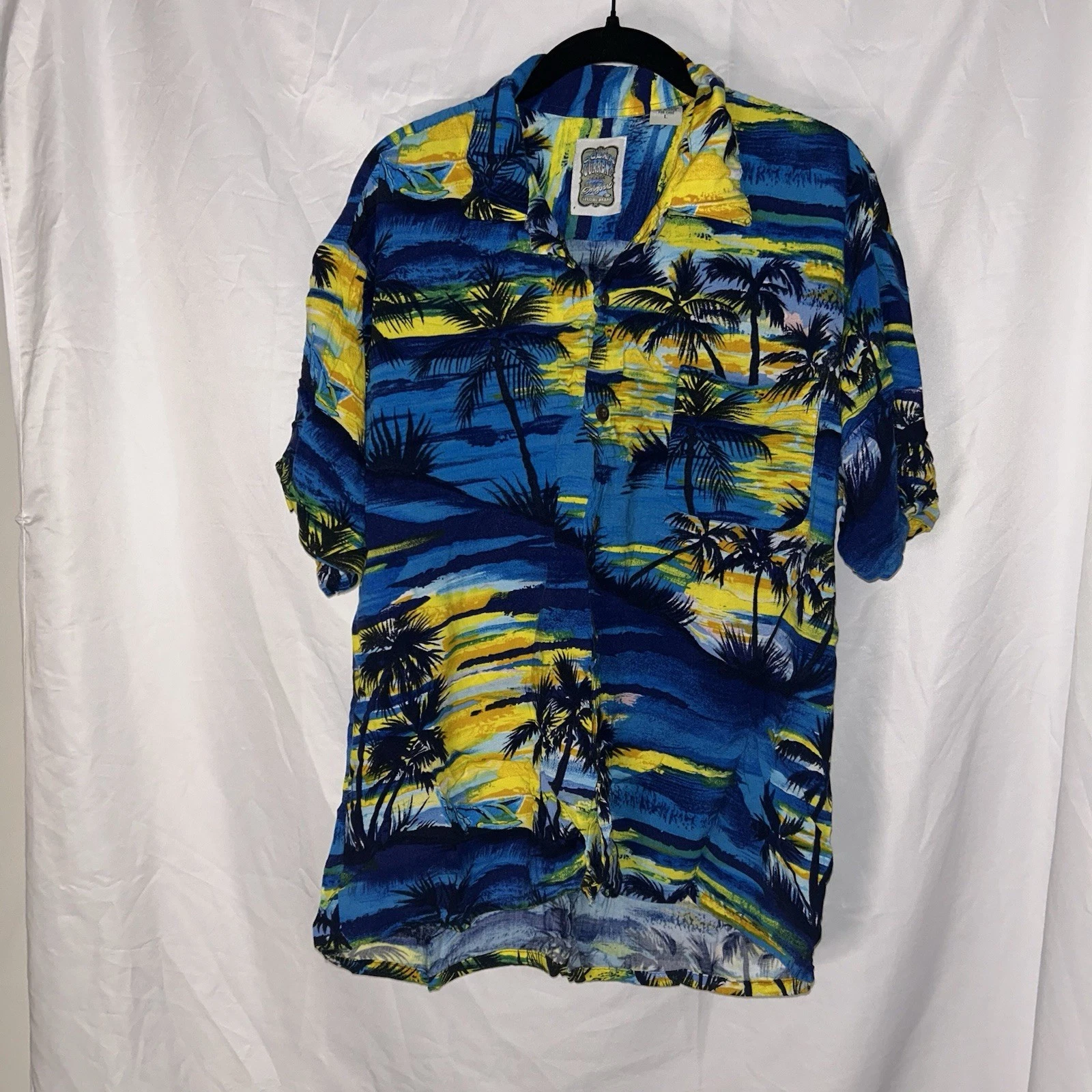OCEAN CURRENT Hawaiian Tropical Beachy Palm Trees Button Up Shirt L Sunset Blue