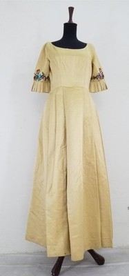 Vintage Monir s Gold Silk Gown with Floral Appliquework Pleated Sleeves