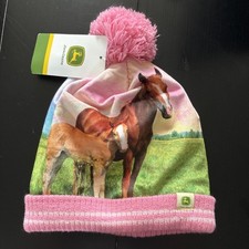 John Deere Toddler Girls Winter Knit Pom Hat Pink Horse One Size New