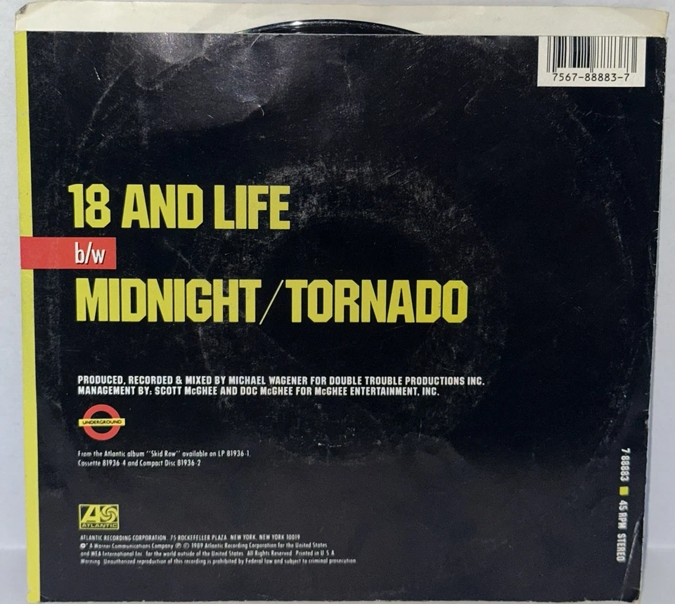 1989 Skid Row "18 And Life" "Midnight Tornado" 45 RPM Atlantic - Image 2 of 3