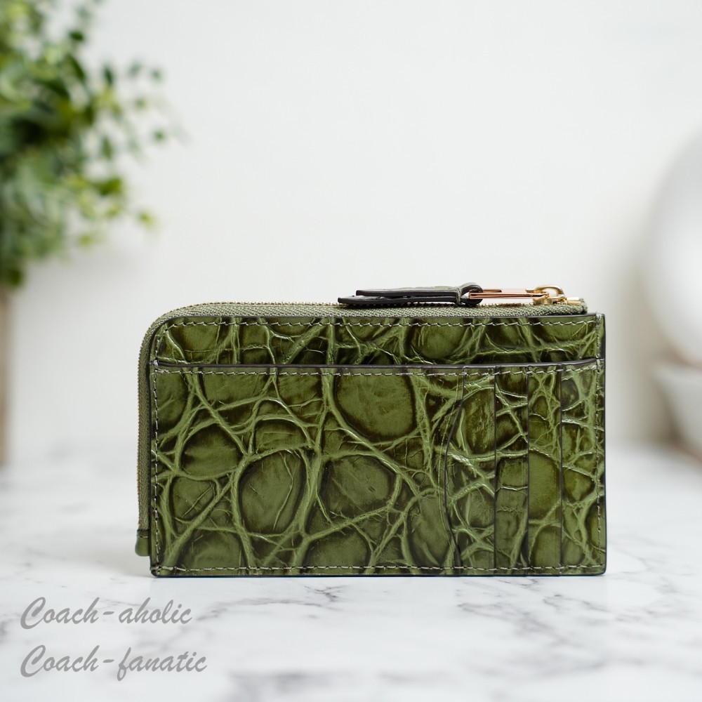 Tory Burch Britten Embossed Croc Leather Zip Card Case in Soft Ivy