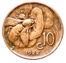 ITALY Vittorio Emanuele III 1922 R 10 CENTESIMI, HONEYBEE on Flower COPPER