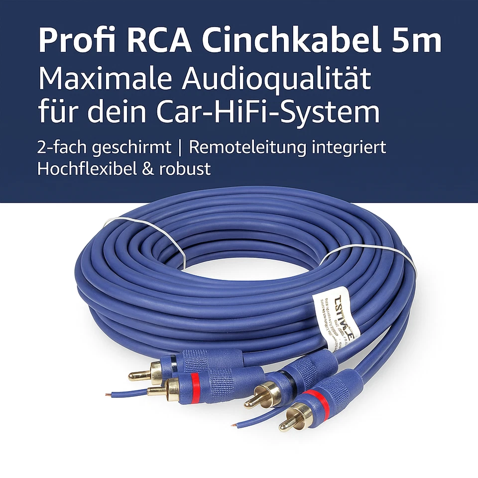 Cavo RCA professionale 5m 2 schermi blu con linea remota amplificatore autoradio - Immagine 2 di 3