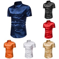 Luxury Men's Dress Shirt Silk Like Satin Wedding Tuxedo Short Sleeve Top
