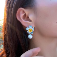 Women Silver Plated CZ Zirconia Flower Pearl Dangle Drop Earrings Bridal Jewelry