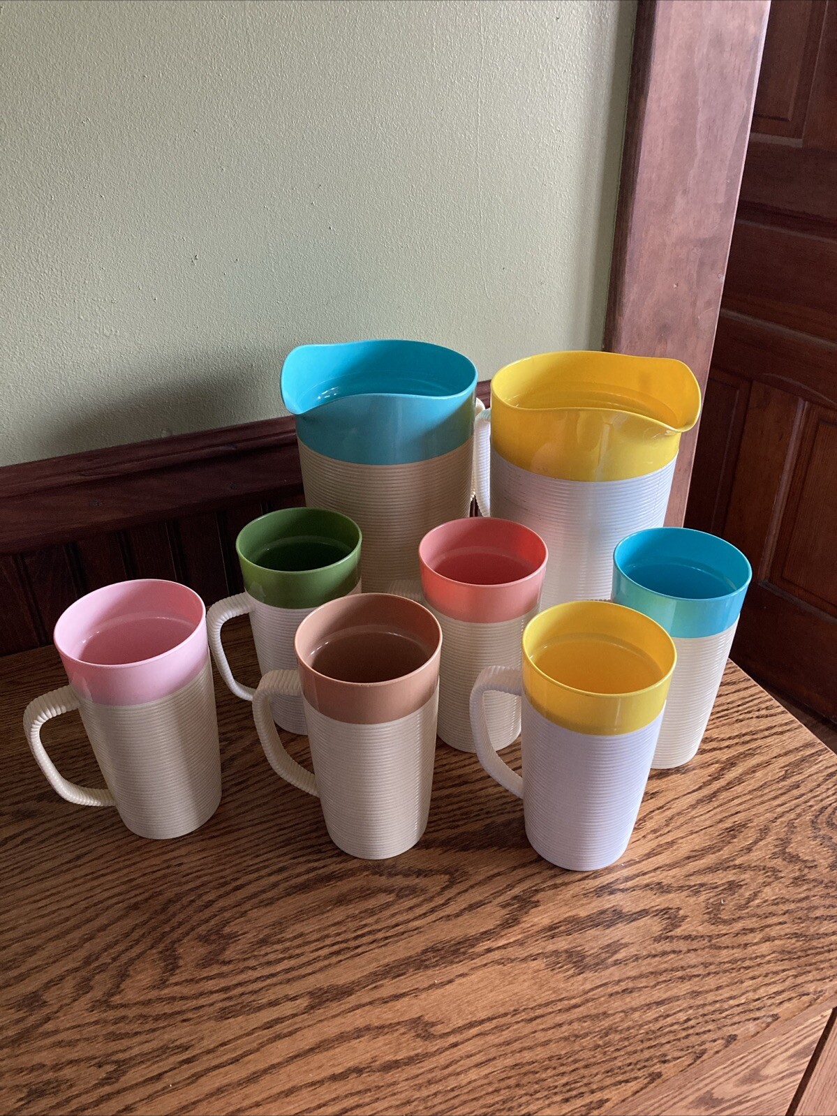 Set of 6 Colored Rim Ribbed Rafflaware Thermo -  Mugs / Tumbler & 2 Pitchers
