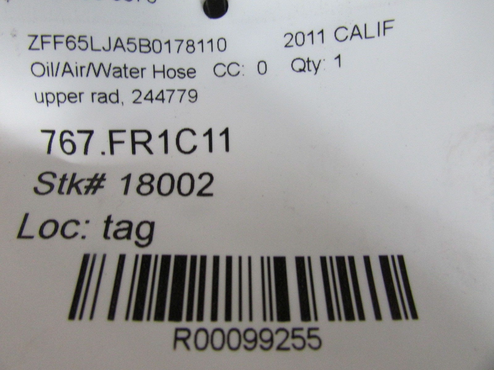 Ferrari California, Radiator Delivery Hose, Used, P/N 244779