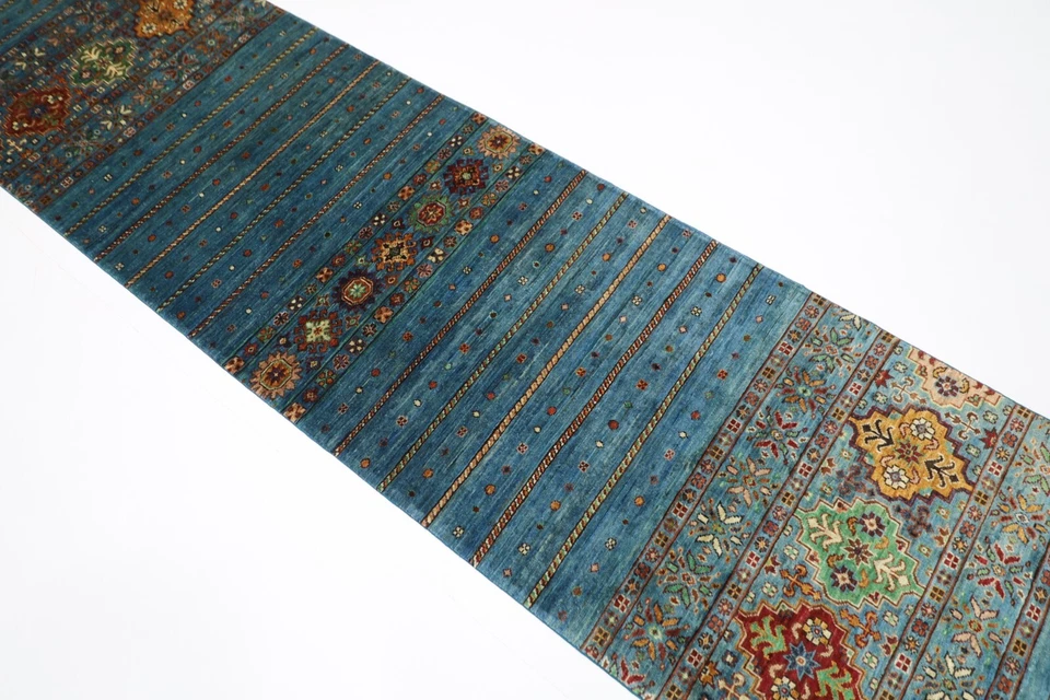 10 ft Hallway Turquoise Runner Rug Afghan Hand Knotted Veg Dye Wool Bedroom Rug - Image 2 of 4