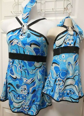  Blue Paisley Print 70's Style Mini Dress Dance Costume Top Dress Ch/Ladies NWT