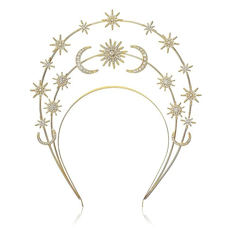 Sun Moon Stars Goddess Crown Halo Headband Cown Tiara, Boho Gold Halo Headpiece - Image 3 of 3