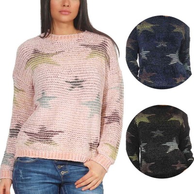Damen Feinstrick Pullover Fransen kuschelig zart weich Sterne Motiv Relaxed Slim