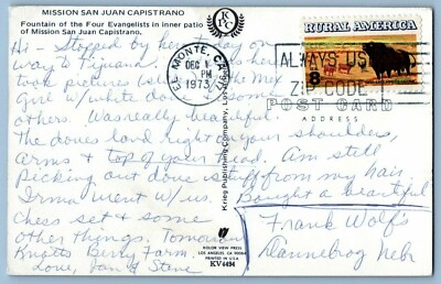 Postcard San Juan Capistrano 1973 El Monte CA Always Use Zip Code Cancel