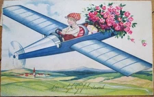 1938 Art Deco Aviation Postcard: Boy in Airplane, Color Litho