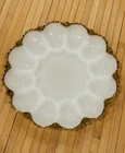 Vintage Anchor Hocking Fire King Milk Glass Deviled Egg Plate Gold Trim 9 3/4"
