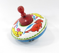 Vintage Small Spinning Top Tin Litho Dogs Red Yellow Blue w Wood Knob