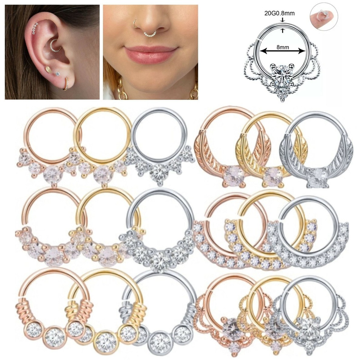Diamday 2pcs Piercing Naso Anello 316L Acciaio Chirurgico Naso Cerchio Septum Nostril Piercing 16G 18G 20G Orecchini Naso Oro Piercing Helix Orecchini Cerchio Trago Conch Daith Rook Orecchini 6mm 8mm - 6