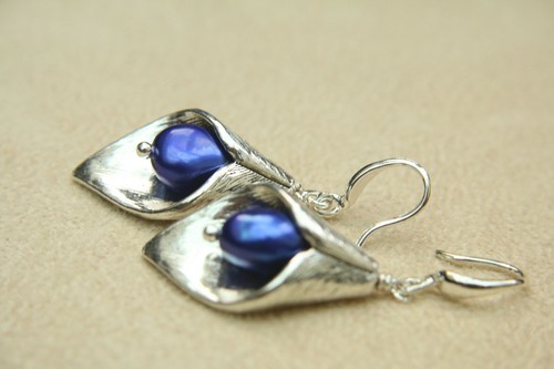 Arum Lily Flower Earrings Bright Blue Baroque Pearl Drop Dangle Tibetan Silver - Picture 5 of 6