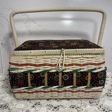 Vintage Mid Century Woven Wicker Sewing Basket Box  Yellow / Orange 11.5”x 8”
