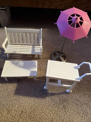 Vintage Barbie  Table, Bench, Cart and Umbrella Circa 1995 Used