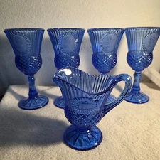 Avon Fostoria Martha & George Washington Goblets & Pitcher Cobalt Blue - 5 Pcs