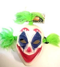 New Scary Clown Mask White Plastic with Red Nose and Green Hair