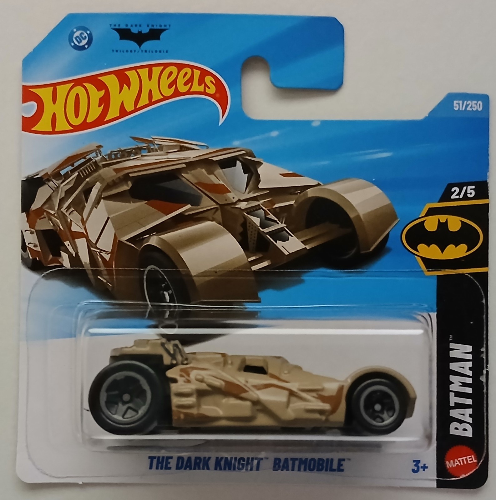 HOT WHEELS 2026 THE DARK KNIGHT BATMOBILE, BEIGE/BROWN, SHORT CARD.