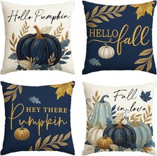 Fall Hello Pumpkin Blue Pillow Covers 18x18 Inch Set of 4 Fall in love Maple