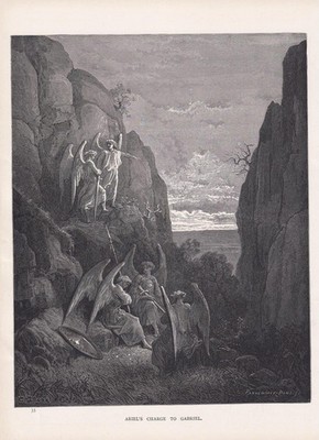 1870 GUSTAVE DORE Druck - ''Ariel's Charge to Gabriel'' - 8,5 x 12,8 Zoll