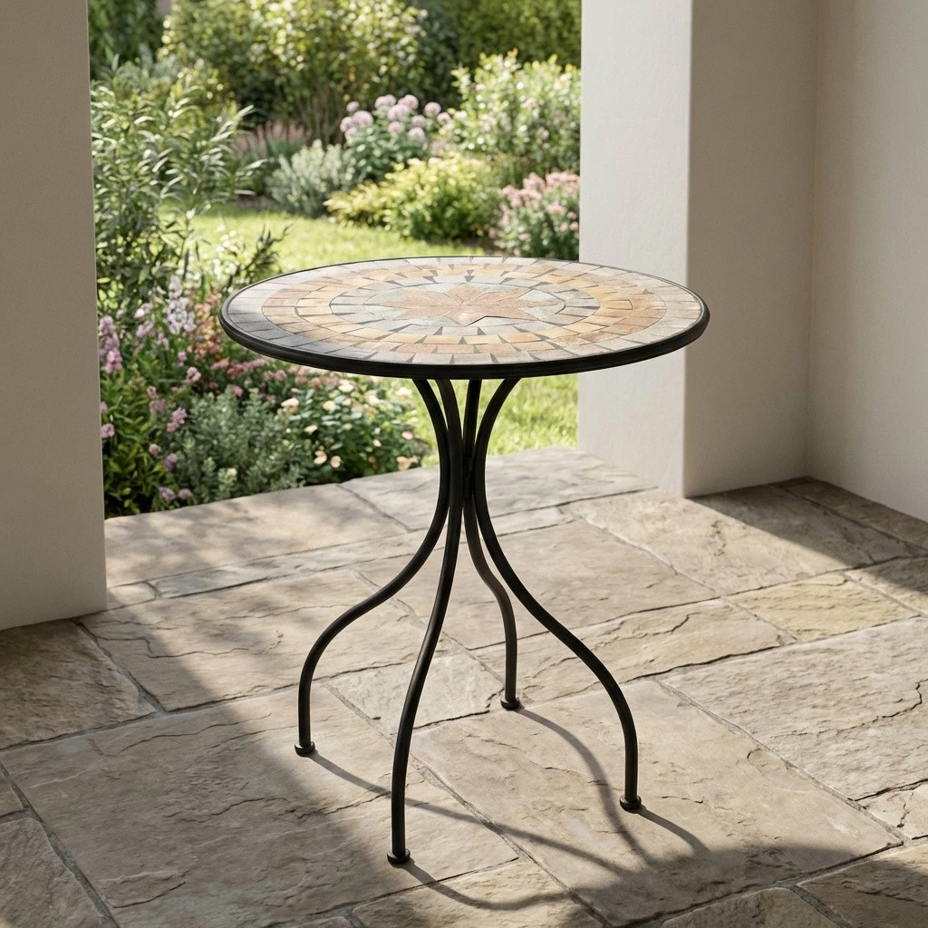 Tavolo da giardino rotondo in metallo nero con top in mosaico 55 cm
