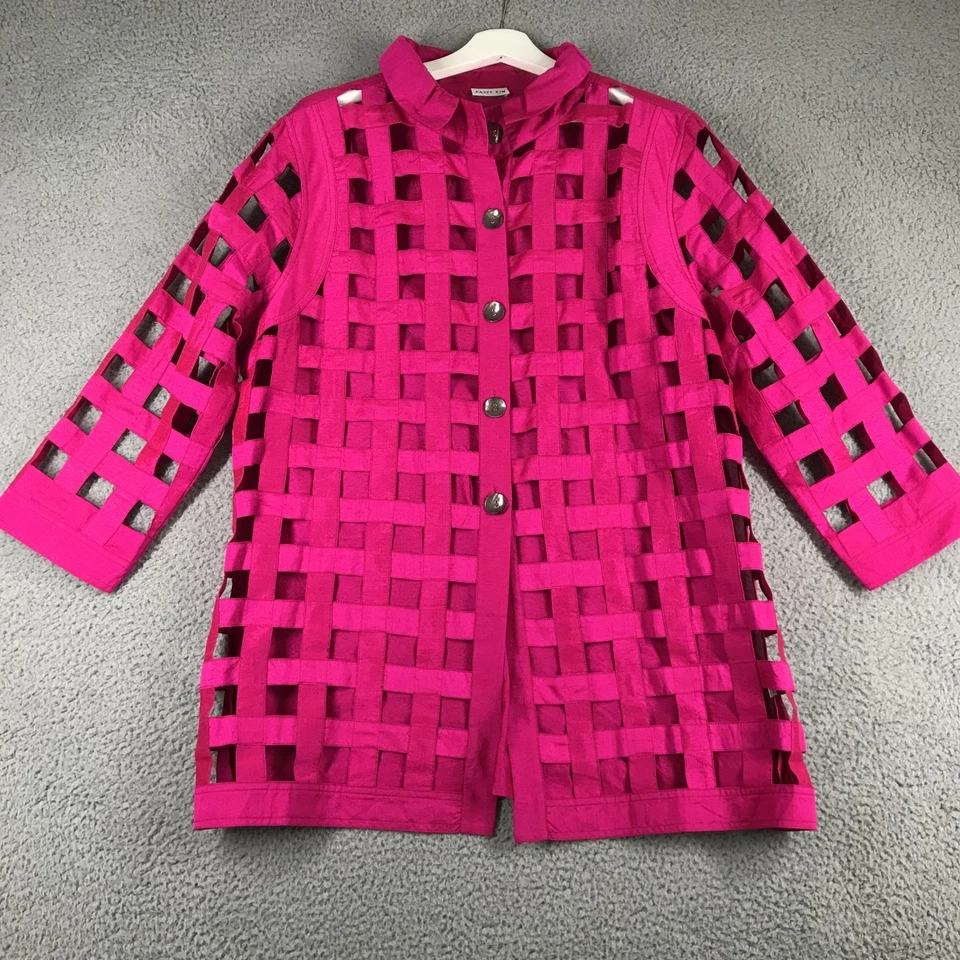 Chaqueta PATTY KIM para mujer XL rosa tejido abierto manga 3/4 abotonada sin carcasa/forro Foto 3 de 4