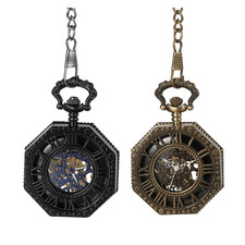 Manual Mechanical Octagonal Case Skeleton Roman Numeral Pocket Watch Waist Chain