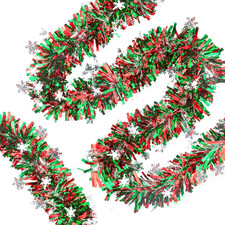 33 FT Christmas Snowflake Tinsel Garland, Red Green Silver Metallic Twist Foi...