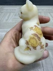 Fenton Yellow Daisies On Custard Glass Sitting Cat Figurine Hand Signed Floral