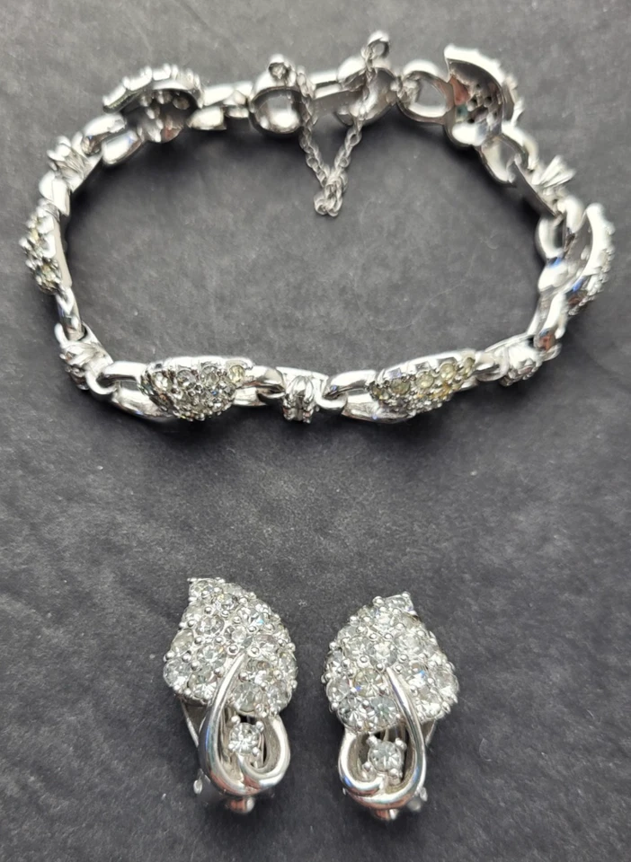 Винтажный Pennino серебряного тона прозрачный со стразами браслет и серьги комплект подписанный - Изображение 2 из 4