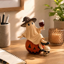 Ghost and Wine Halloween Decoration   Sitting on a Pumpkin   Home Decor