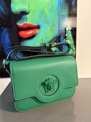 Versace La Medusa Logo Plaque Green  Leather Crossbody Bag New $1625 HOT