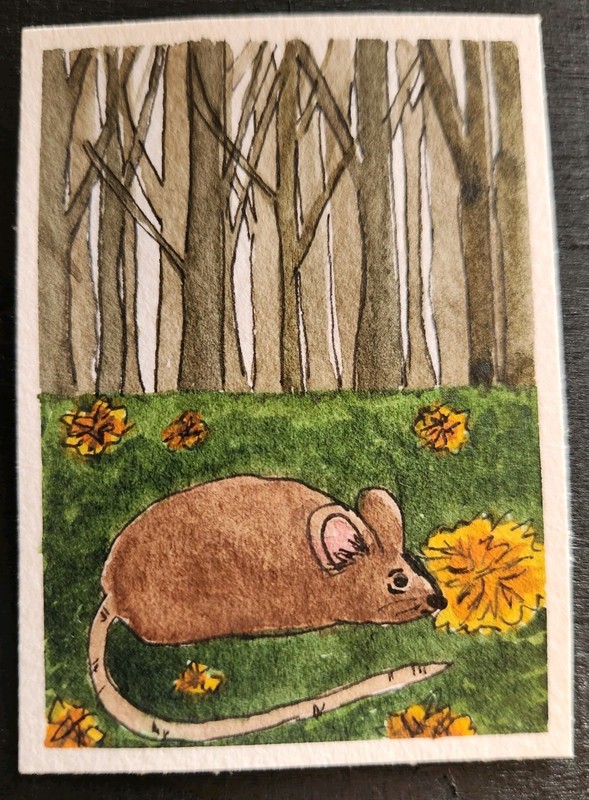 ACEO ATC Original Watercolor Mouse In The Forest Painting Signed 3.5x2.5 Inches