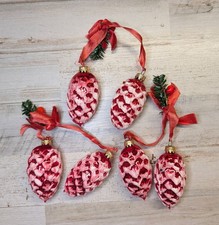 6 Vintage MCM W German Blown Glass Pinecone Christmas Ornaments 3" Frosted Red