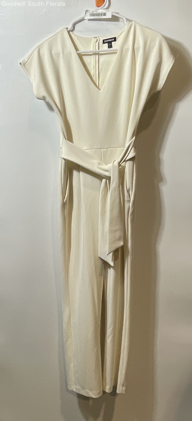 Express Womens Off White Short Sleeve Tie Waist One-Piece Jumpsuit Size XS