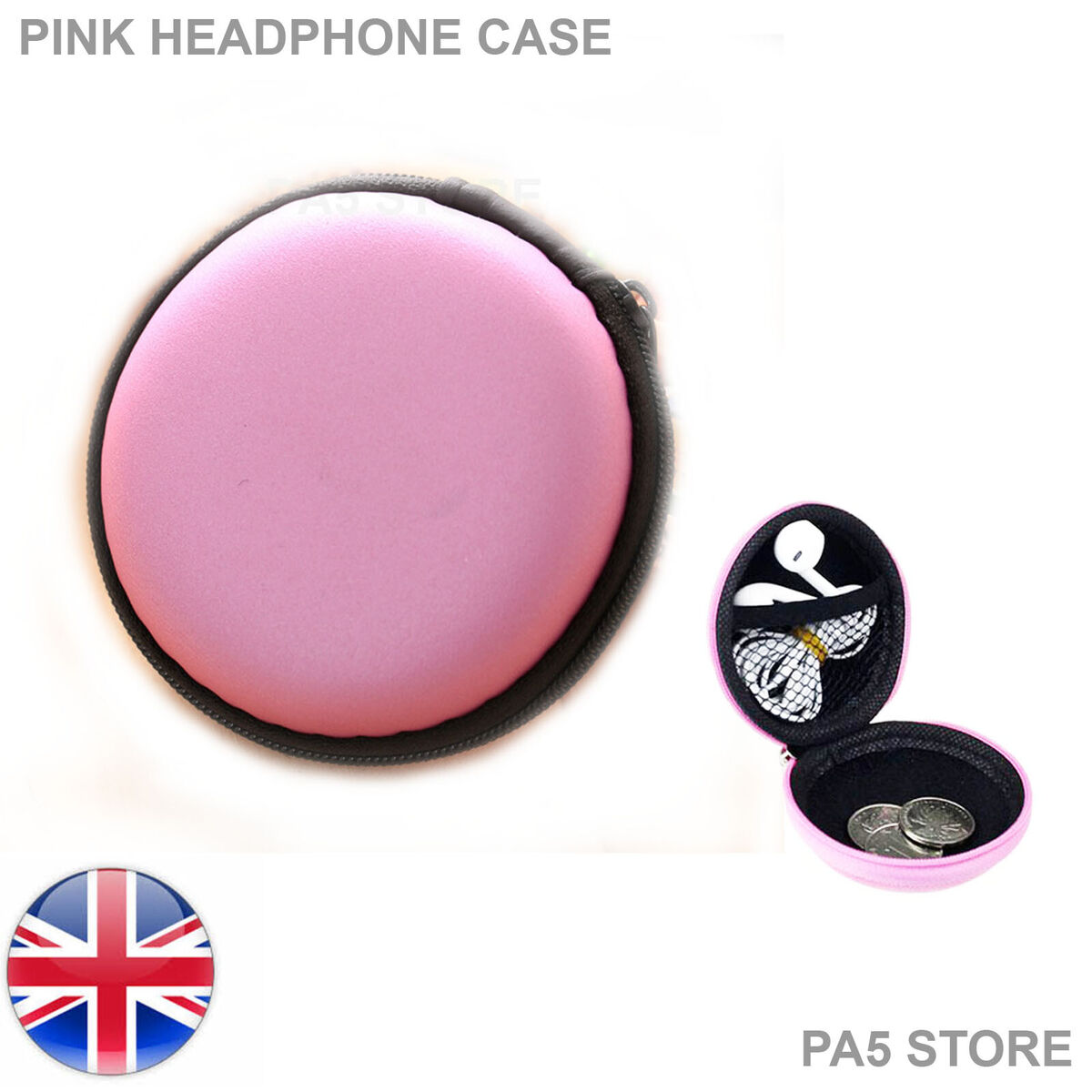 Pink In Ear Ipod Headphone Earbuds Round Storage Hard Carry Case