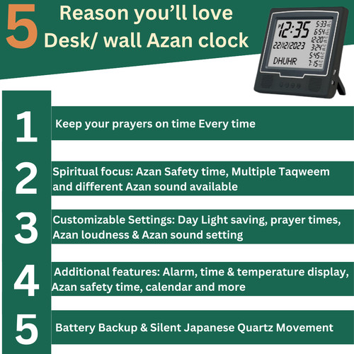 AzanClk Wall and Table Azan Prayer LCD Clock for USA 8 Azan Sound (Black) - Picture 2 of 10