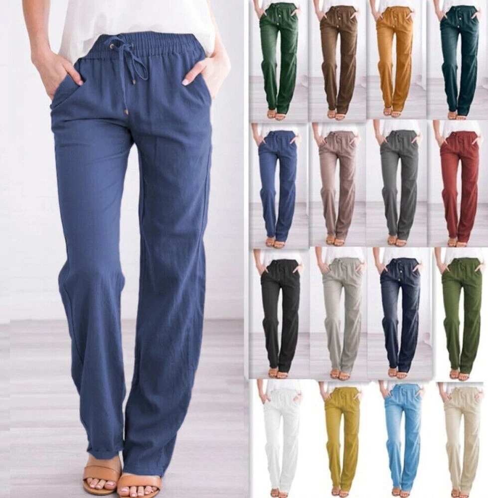 UK Women Cotton Linen Trousers Ladies Summer Casual Elastic Waist Bottoms  Pants