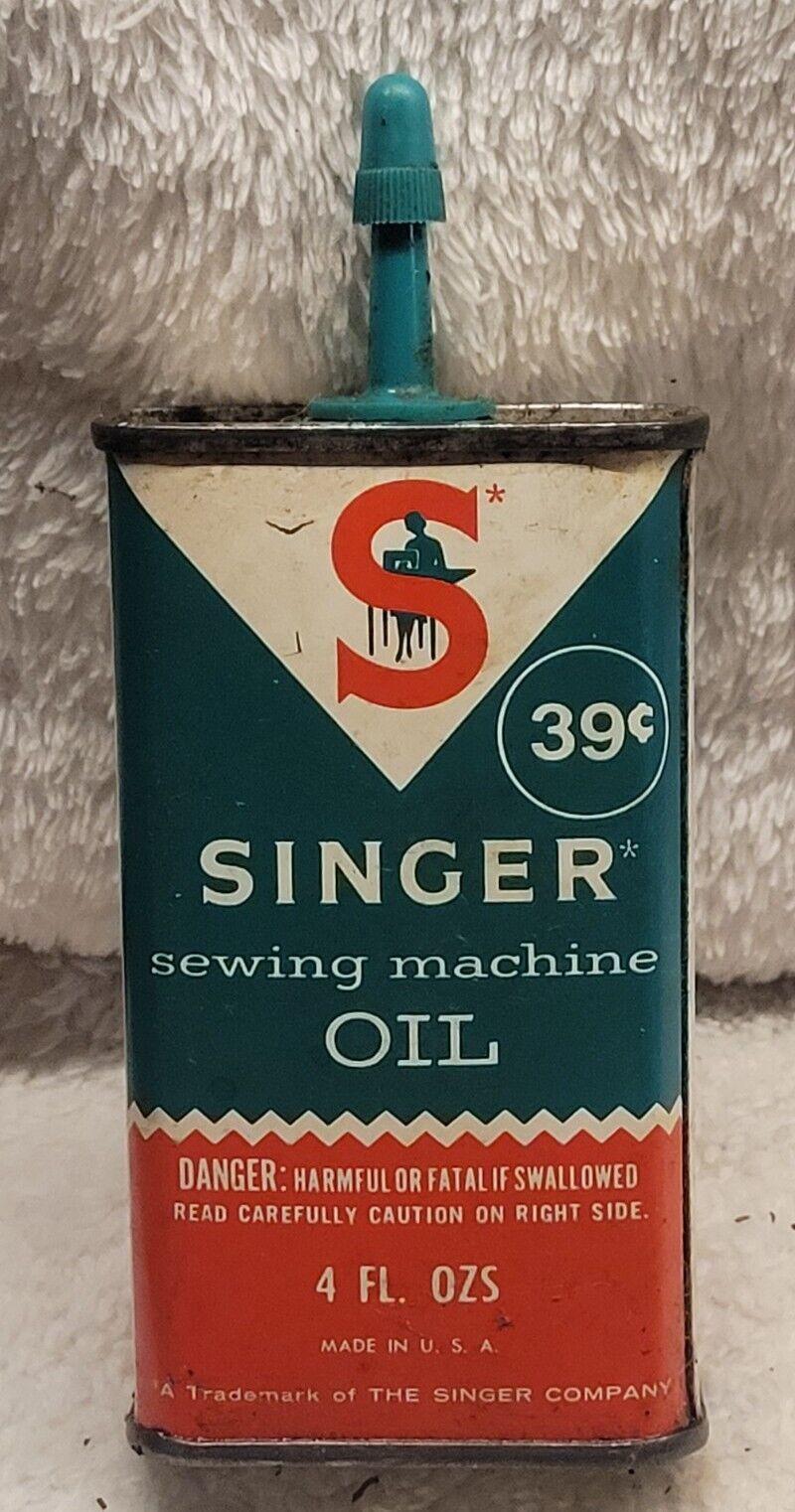 OLD SINGER SEWING MACHINE OIL TIN LITHO METAL CAN BOTTLE 39 CENT PARTIAL