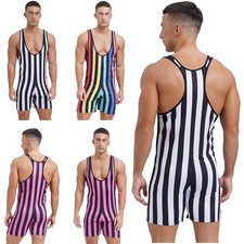 Men's Striped Boxer Shorts Rompers Muscle Tank Top Wrestling Singlet Bodysuit