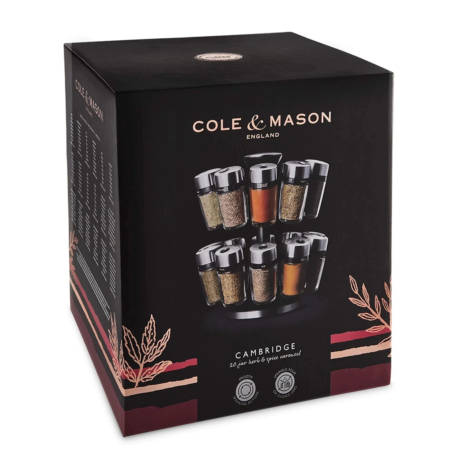 Cole & Mason 20-Jar Filled Spice Rack Carousel Adjustable Lids & Rotating Stand