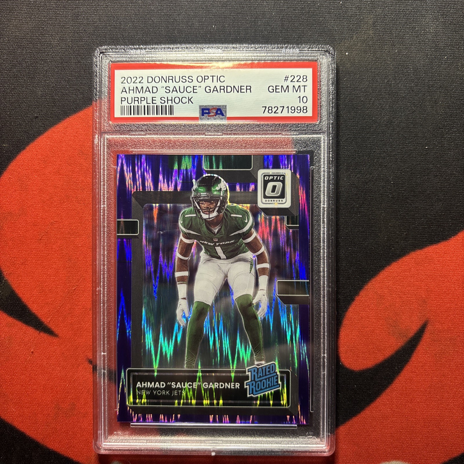 2022 PANINI DONRUSS OPTIC 228 AHMAD "SAUCE" GARDNER PURPLE SHOCK PSA 10