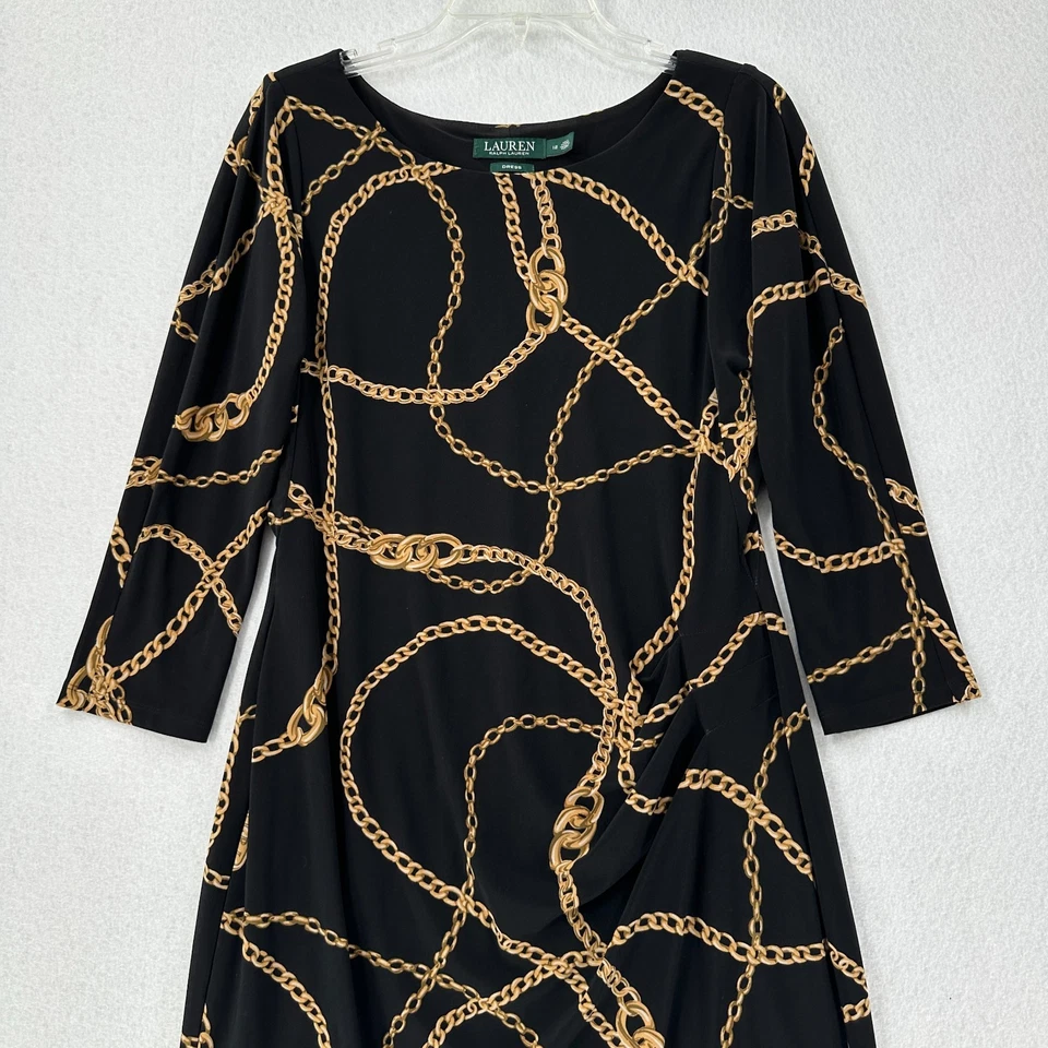 L AUREN RALPH LAUREN Negro Dorado Cadena Eslabón Jersey Vestido Cuello Barco Pullover Talla 12 Foto 4 de 4