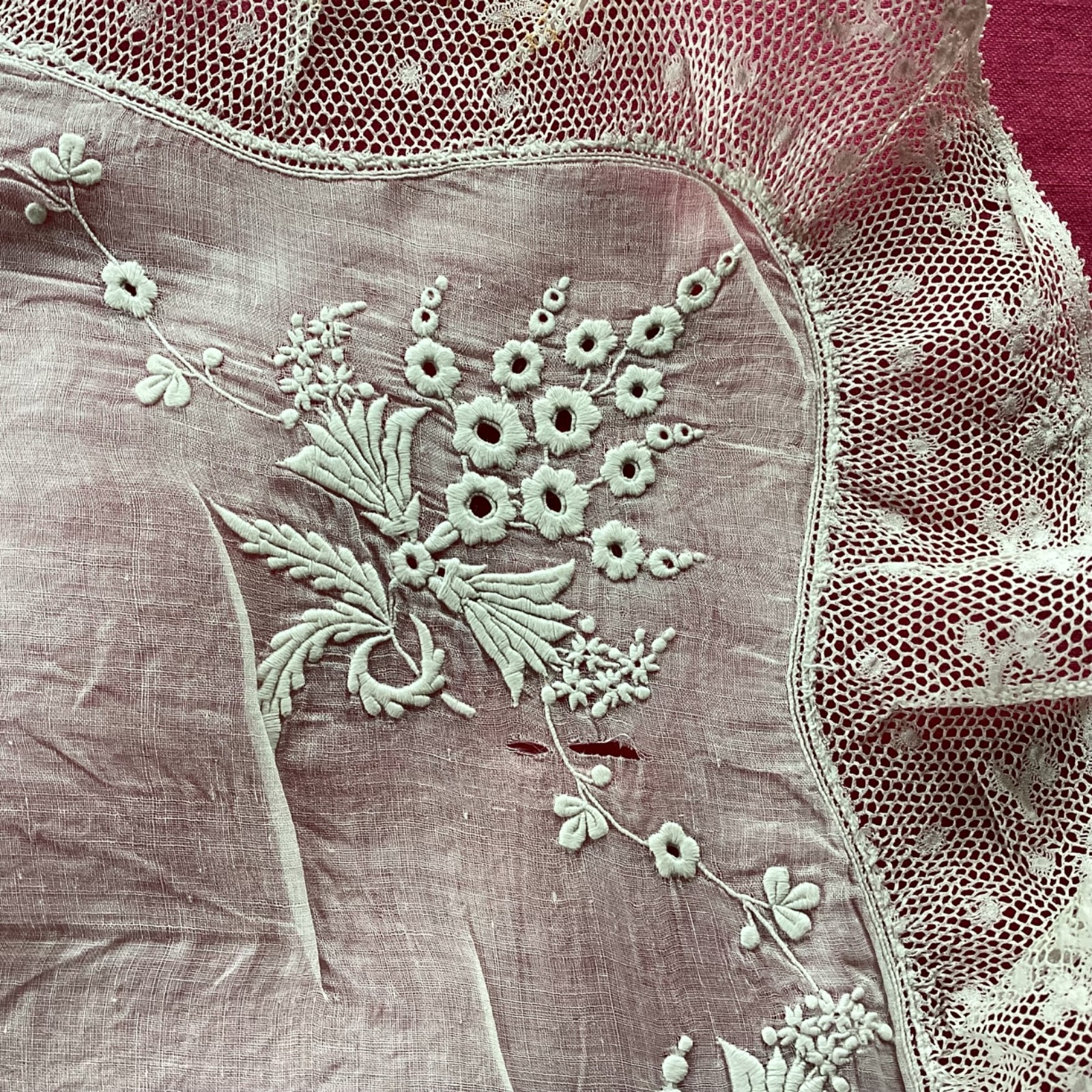 Antique Lace Embroidered Linen Wedding Handkerchief