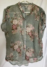 Belle Sky Women's L, Green Lightweight Sheer Floral Blouse, Ruched Short Sleeves